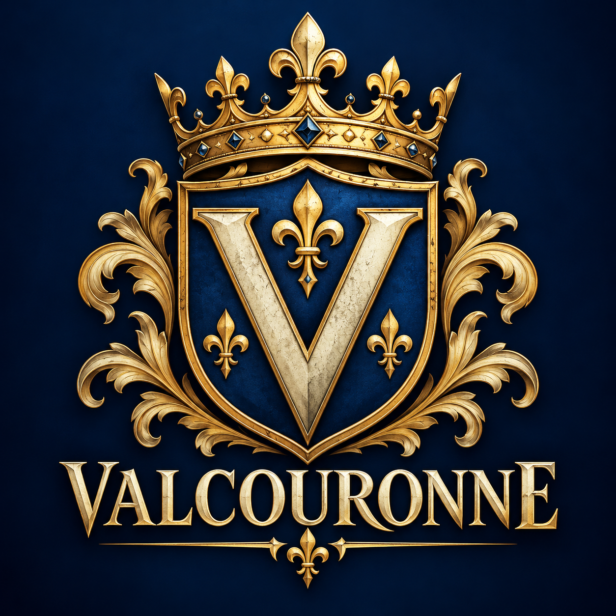 Blason de Valcouronne, couronne et fleurs de lys dorées sur fond bleu